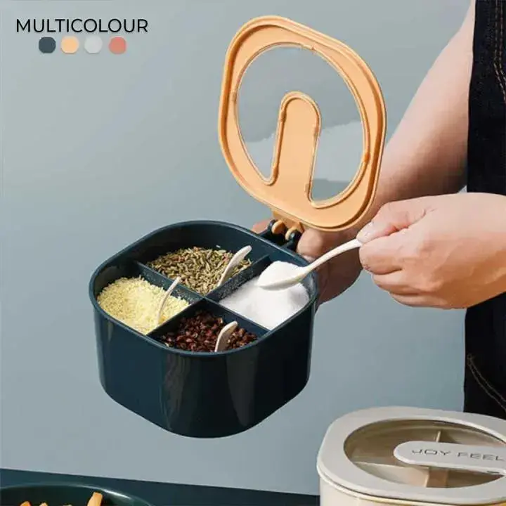 Modern 4-Compartment Masala Box with Spoons & Transparent Lid