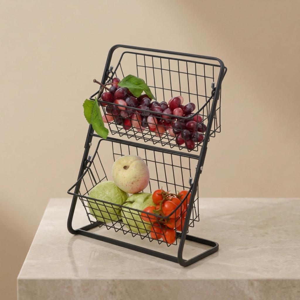 2-Tier Slanted Black Metal Fruit & Produce Basket